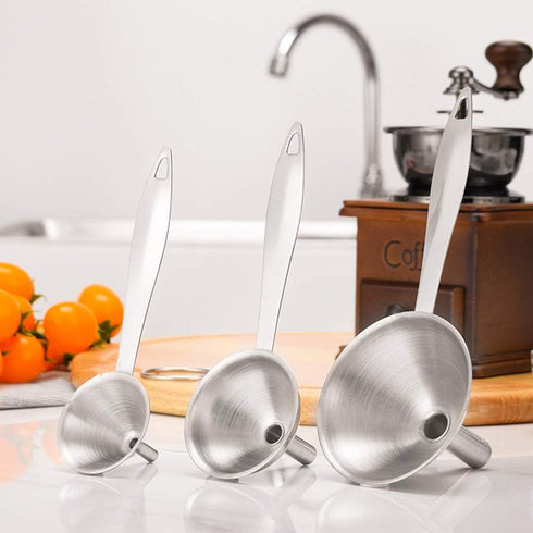 Stainless Steel Funnels, 3 in 1 Kitchen Funnels with Handy Handle for Transferring Liquid, Dry Ingredients & Powder