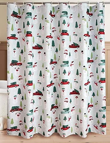 Shower Curtain Polyester, Christmas Red Truck Car Print with Trees, 70 x 70 Inch