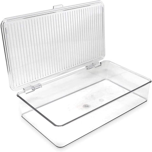 Isaac Jacobs Small Stackable Organizer Bin, Clear Storage Box with Hinged Lid, 10.75” x 6.5” x 2.4”, Home Office