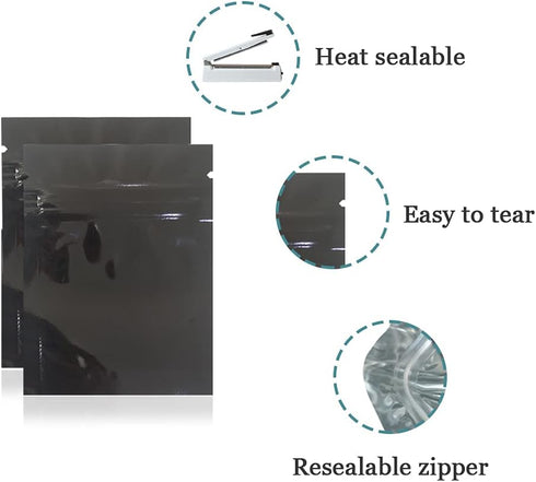 100 Pack Mylar Bags for Zip Reusable Small Aluminum Foil Lock Package Bag for Long Term Storage (Black, 2.3x3.1 inch)