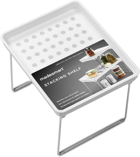 Madesmart Small Stackable Storage Shelf, Plastic Collapsible Cabinet Shelf for Home Organization, White, 9.38 x 7.63 x