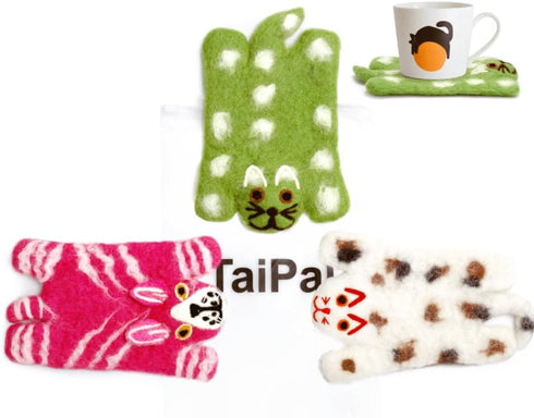 TaiPal Set 3 Handmade Wool Felt Cat Coasters - Adorable Cats - Shaped Drink Coasters,Non-Slip Cup Mats for Cat Loves