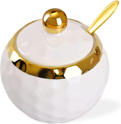 WHJY Ceramic Sugar Bowl with Lid and Spoon, Golf Design Porcelain Salt Container, Modern Spice Box for Kitchen - White