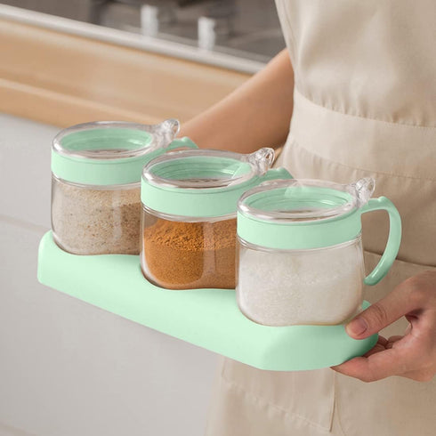 NAN Wind Glass Seasoning Box Set - 12oz/350ml Condiment Set with Lids and Spoon, Clear Glass for Kitchen Counter