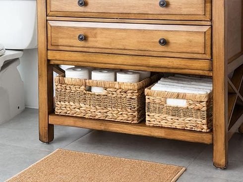 StorageWorks Large Rectangular Wicker Basket - Water Hyacinth and Seagrass Storage Basket with Built-in Handles, 1 Pack