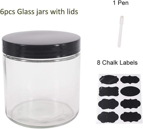 6 Pack 16 oz Glass Jars with Plastic Lids, Kitchen Canisters for Pantry Organization, Food Storage Jars, 8 Chalk Labels