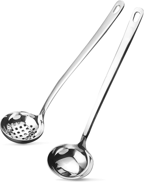 Metal Soup Ladle Set of 2, 18/8 Stainless Steel Ladle Spoon and Strainer Scoop, Cooking Utensil for Kitchen