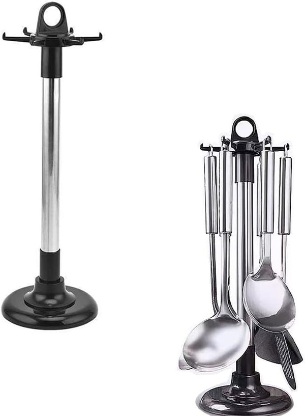 Kitchenware Storage Rack, Stainless Steel Utensil Holder, 360 Degree Rotating Organizer with 6 Hooks