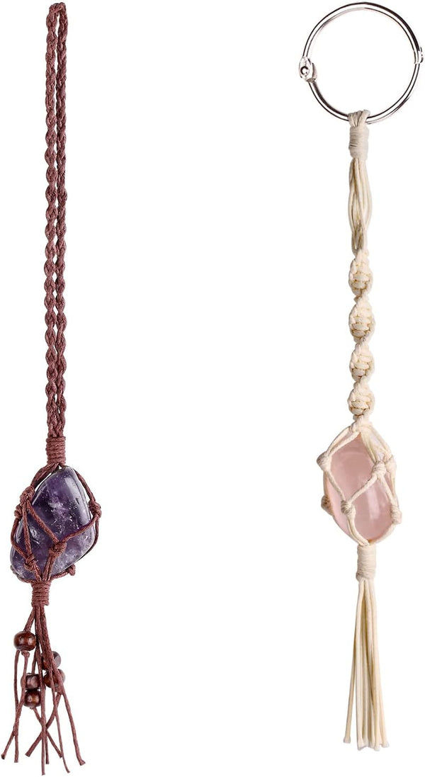 Dahey Macrame Crystal Car Charms - Handmade Crystal Rear View Mirror Ornament, Set of 2