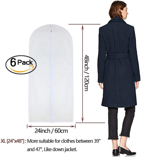 Garment Bag Clear 24'' x 48'' Long Suit Dust Cover for Dance Dress Clothes, Pack of 6