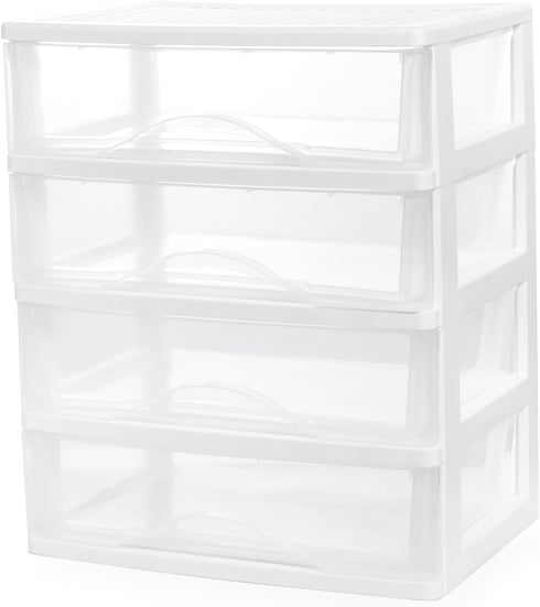 BYCY Plastic Stackable Storage 4 Drawers, White Makeup Organizer with Wide Clear Drawers, Tabletop Drawer Organizer for