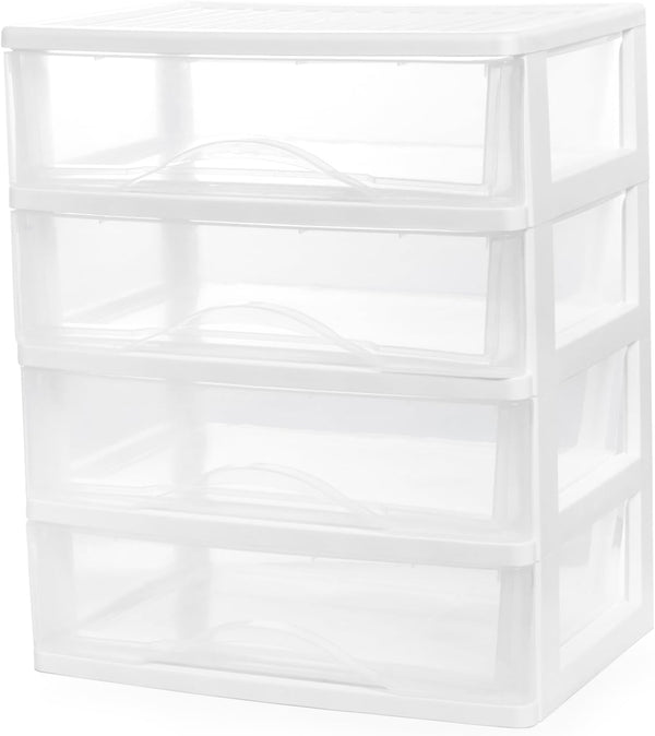 BYCY Plastic Stackable Storage 4 Drawers, White Makeup Organizer with Wide Clear Drawers, Tabletop Drawer Organizer for