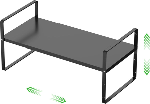 Expandable Heavy Duty Cabinet Storage Shelf, Stackable Organizer Rack for Kitchen, Bathroom, Countertop, Black