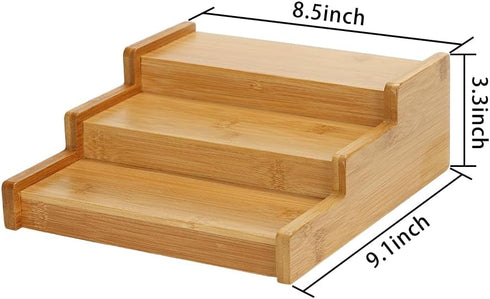 Lustiger Chef 3-Tier Countertop Spice Rack Organizer for Cabinet, Expandable Natural Bamboo Desk Shelf, Adjustable