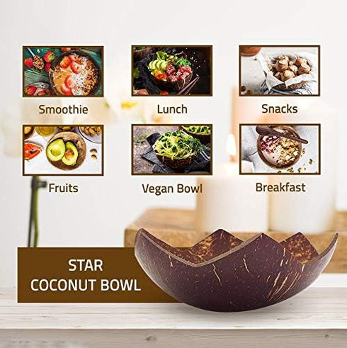 Set of 2 Jumbo Coconut Bowls, 2 Wooden Spoons & 2 Reusable Bamboo Straws - Eco-Friendly, Hand Carved, 100% Natural