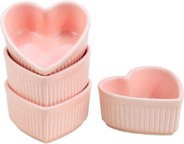 Sizikato Heart-Shaped Porcelain Souffle Dishes, Ramekins - 3.5 Inches, Set of 4 for Souffle, Creme Brulee