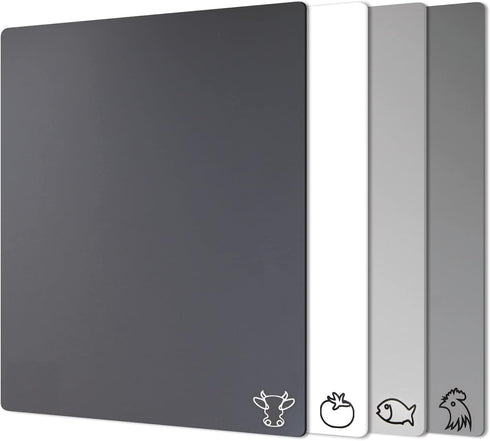 Fotouzy Plastic Cutting Boards with Food Icons, Flexible Mats, Set of 4, BPA-Free, Dishwasher Safe, Gray