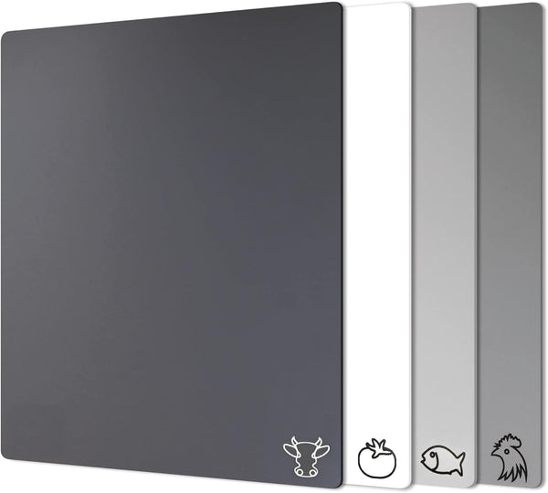 Fotouzy Plastic Cutting Boards with Food Icons, Flexible Mats, Set of 4, BPA-Free, Dishwasher Safe, Gray