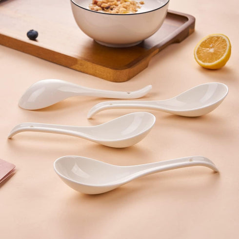Porcelain Soup Spoons Set of 4, 6.6 Inch Ceramic Chinese Soup Spoons for Asian Ramen