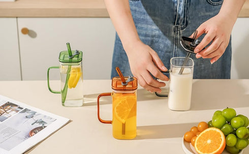 FUENYEJIA 13 Lided straw glass cup, ounce iced coffee cup for juice, milk, coffee, cappuccino, latte, cold drinks