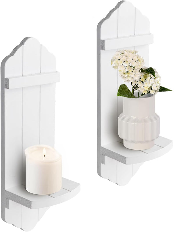 Wall Candle Sconces Set of Two, Rustic White Wood Wall Candle Holder