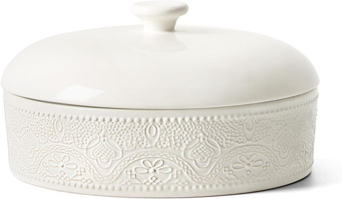 FE Ceramic Tortilla Warmer,Lace Emboss 8.8 Inch Tortilla Holder with Lid for