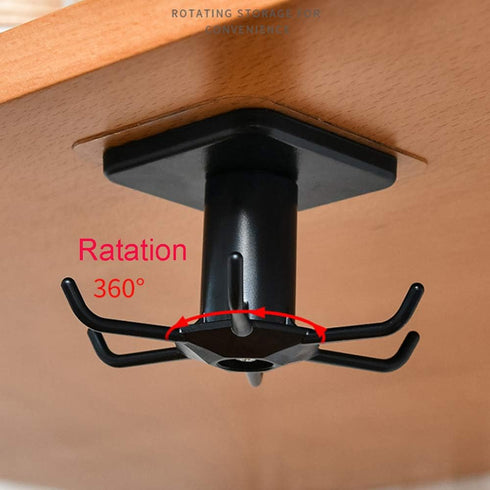 2pcs Under Cabinet Kitchen Utensil Hooks, 360 Rotating Adhesive Hanging Rack for Tools, Towel, Knife (Black)