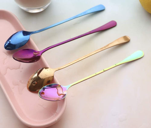 Long Handle Iced Tea Spoon Set of 4, Stainless Steel Coffee Mixing Spoons, Blue