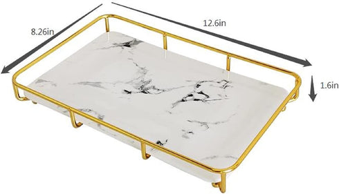 Makeup Organizer Vanity Tray, Stainless Steel Shelf for Bathroom Skincare Display Rack, Marble Print Ceramic Trays