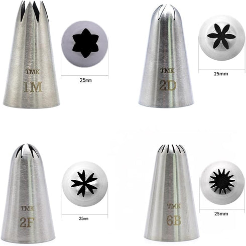 4 Pack Stainless Steel Seamless Piping Icing Tips #1M, 2D, 2F, 6B, Large Nozzle Cake Decorating Tools for Bakers