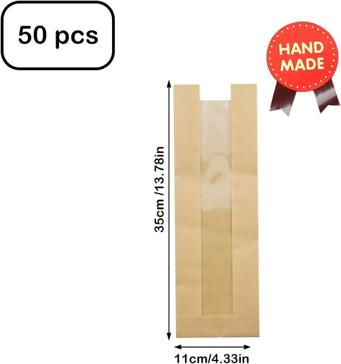 Farsheo 50Pcs Packaging Sticker(14 4.4 1.6 Inche French Bread Bags Bakery Bags with Window Kraft Paper Loaf Bread