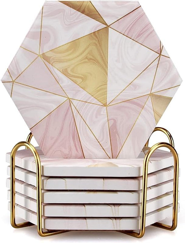 6 Pack Pink Marble Coasters with Holder Gold Absorbent Drink Unique Coaster