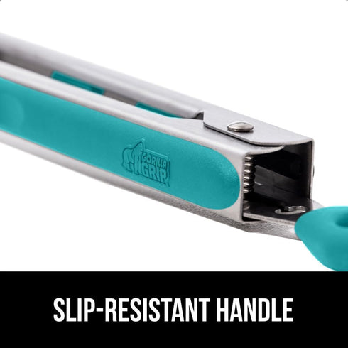 GORILLA GRIP Stainless Steel Kitchen Tongs - Heat Resistant Cooking Tongs Set of 2, 9 + 12 Inch, Turquoise