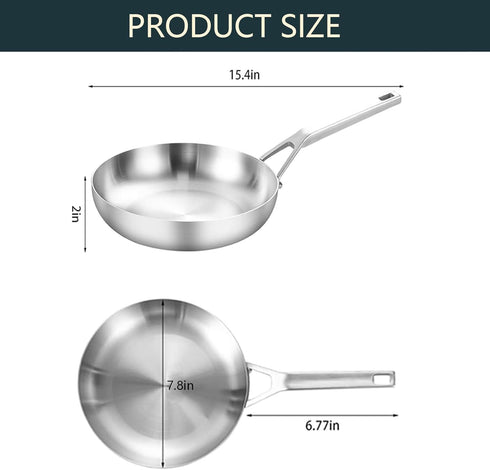 Tri-Ply Fully Bonded Stainless Steel 8inch Frying Pan, Chef's Skillet, Induction & Dishwasher Safe, Removable Handle