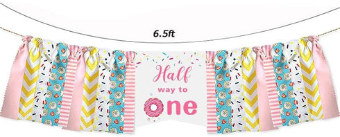Mccalwell 1/2 Donut Half Birthday Highchair Banner Decorations, 'Half Way to One' Highchair Banner for Boy's Year