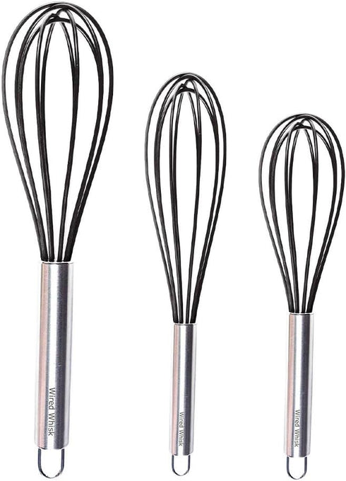 Silicone Whisk Set, 3 Pieces, Stainless Steel & Silicone Non-Stick Coating, 12-inch, 10-inch & 8.5-inch