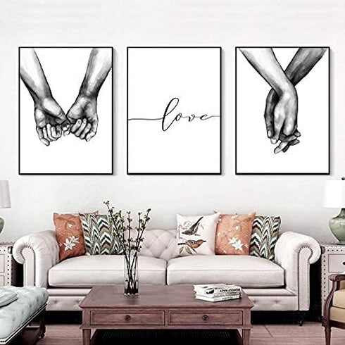 16"x20" Love and Hand in Hand Wall Art Canvas Print Poster, Set of 3 Unframed Black and White Couples Sketch Decor