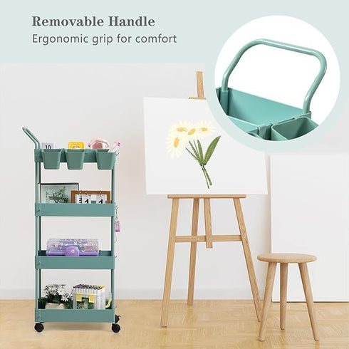 4 danpinera Slim Storage Cart on Wheels, Tier Narrow Laundry Cart with Hooks Hanging Cups Dividers Mobile Rolling Lash