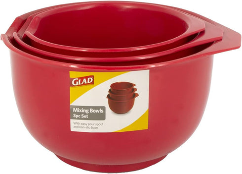 GLAD Mixing Bowls with Pour Spout, Set of 3 Non-Slip BPA Free Plastic, Dishwasher Safe Kitchen Cooking Supplies (Red)