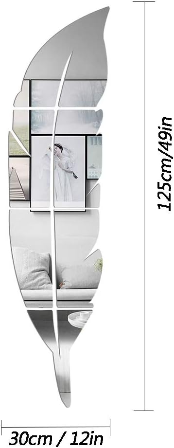 3D Acrylic Mirror Wall Decor Stickers - 11.8x49.2 Inches Feather Shaped DIY Self-Adhesive Wall Art Decals