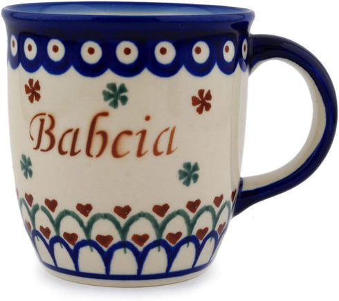 Polish Pottery 11 oz Babcia - Grandma Mug with Hearts and Flowers Theme
