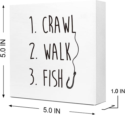 Ruvoty Crawl Walk Fish Rustic Wooden Sign Desk Decor,Funny Baby Fishing Wood Block Sign Desk Decorations for Home