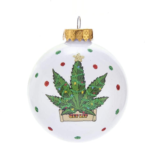 Kurt S. Adler 80MM White Glass Ball Ornament with Cannabis Design for Christmas