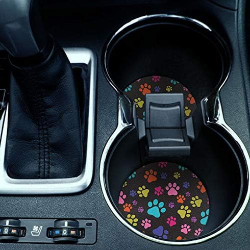 Multicolor Paws Dog Design Absorbent ROUND Fabric Felt Neoprene Car Coasters for Drinks, 2pcs Set