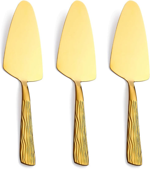 Gold Cake Pie Server Set of 3, 9.3-inch Stainless Steel Pastry Server with Fashion Patterns, Dishwasher Safe