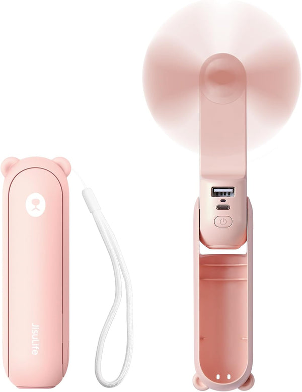 JISULIFE Handheld Mini Fan, 3 IN 1 USB Rechargeable Portable Fan with Power Bank, Flashlight, Pocket Design, Pink