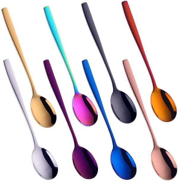 Metal Round Spoons, 8 Inch Stainless Steel Reusable Long Handle Korean Soup Spoons, Set of 8 Dinner Dessert Spoons