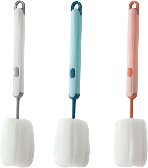 Bottle Brush Long Handle Cleaner, Detachable Sponge for Cups, Wine Glasses, Baby Bottles (3 PCS)