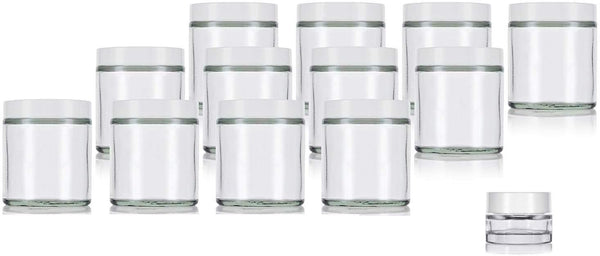 4 oz / 120 ml Clear Thick Glass Straight Sided with White Smooth Lid, 12 pack + Small Glass Balm Jar