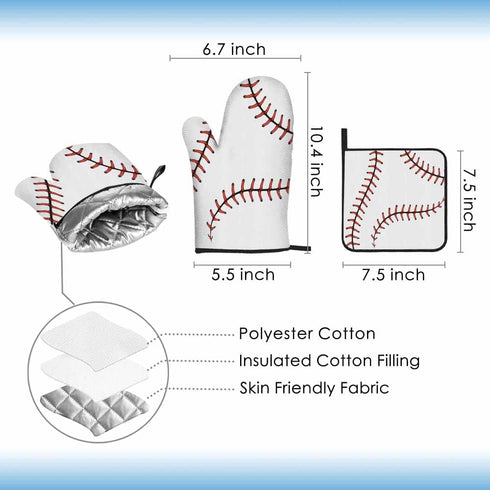 Baseball Stitches Oven Mitts and Pot Holders Sets Softball Laces Design Heat Resistant 3pcs for Cooking Baking BBQ by Samgula